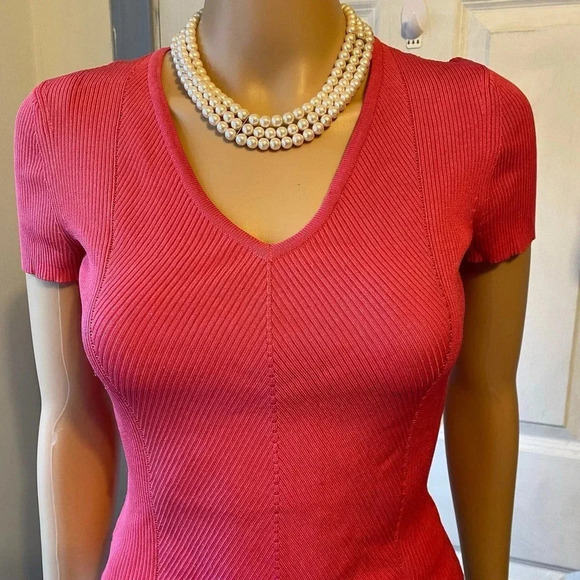 Ann Taylor Silk Nylon Blend Knit V Neck Pink Casual Stretch Blouse Women Size S - Picture 4 of 6